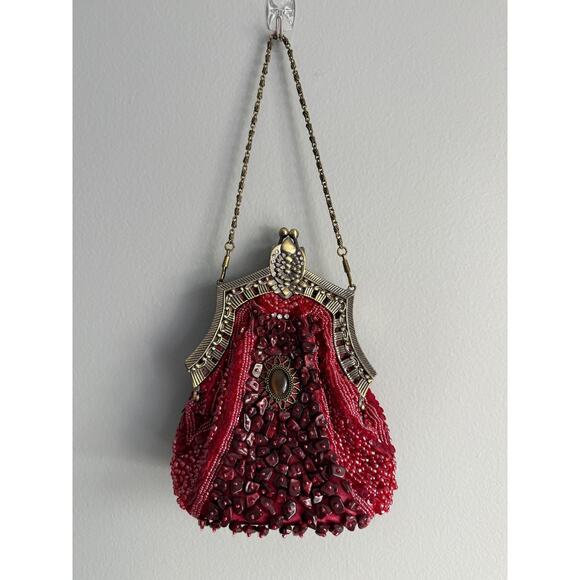 Unbranded Handbags - Vintage Style Burgundy Beaded Evening Bag Bronze Frame Chain Strap Cabochon